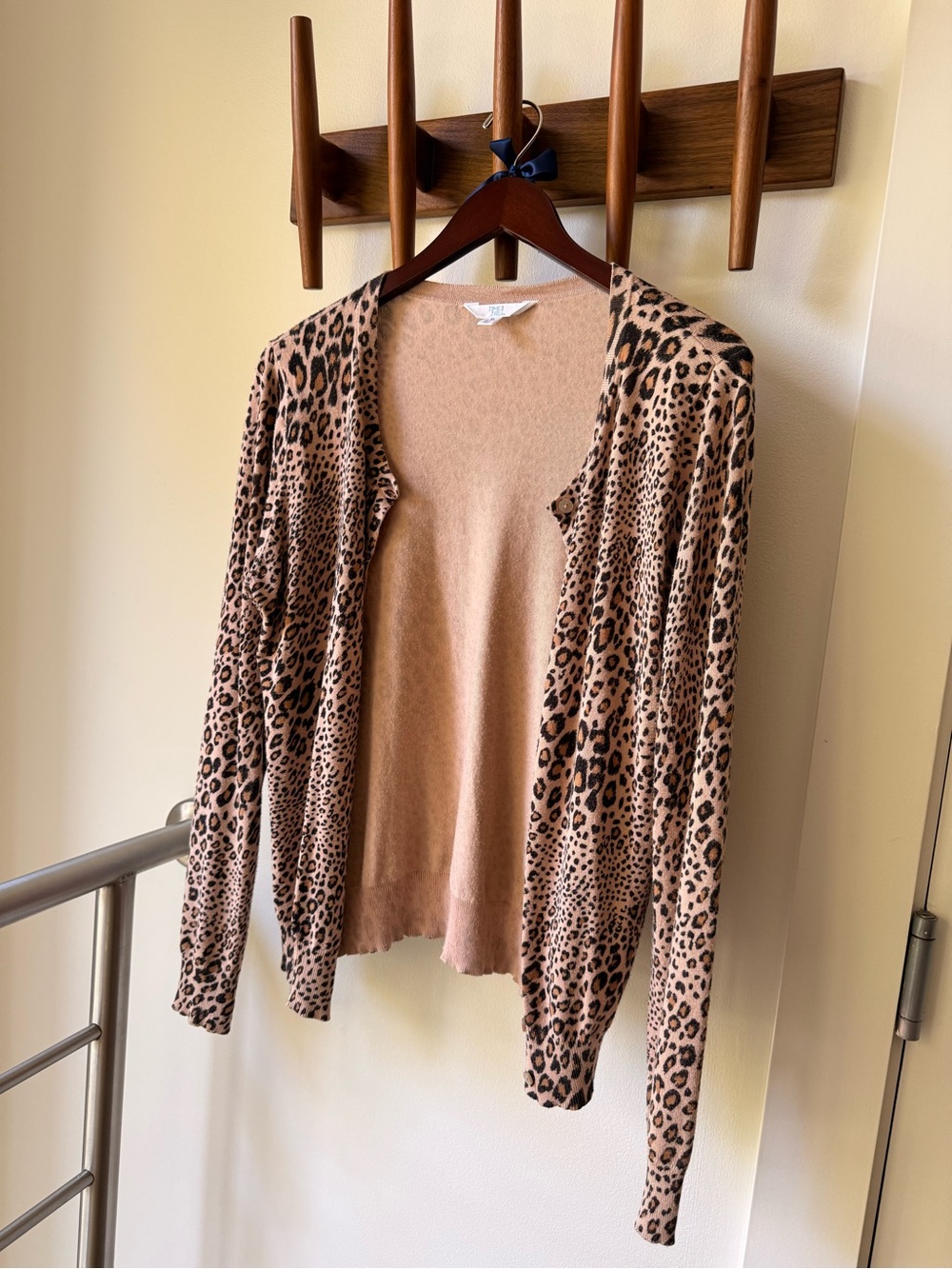 Time and Tru Leopard Print Open Cardigan - Beige/Tan